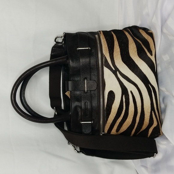 FURLA BROWN LEATHER TOTE-CROSSBODY BAG WITH ANIMAL HAIR FRONT